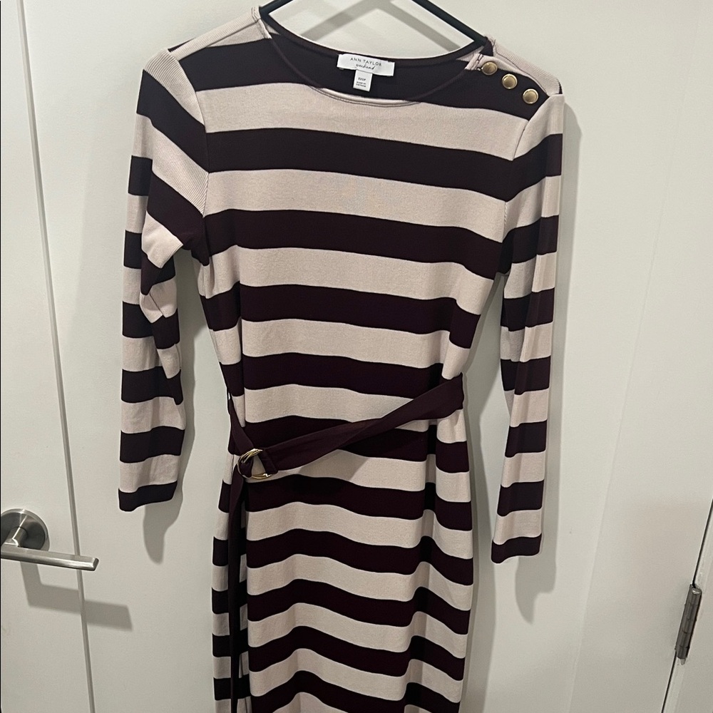 Ann Taylor Brown/Maroon and Cream Striped Long Sleeve Dress